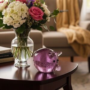 Murano Glass Style Pig Paperweight Pink Swirl Glass Hand Blown Glass